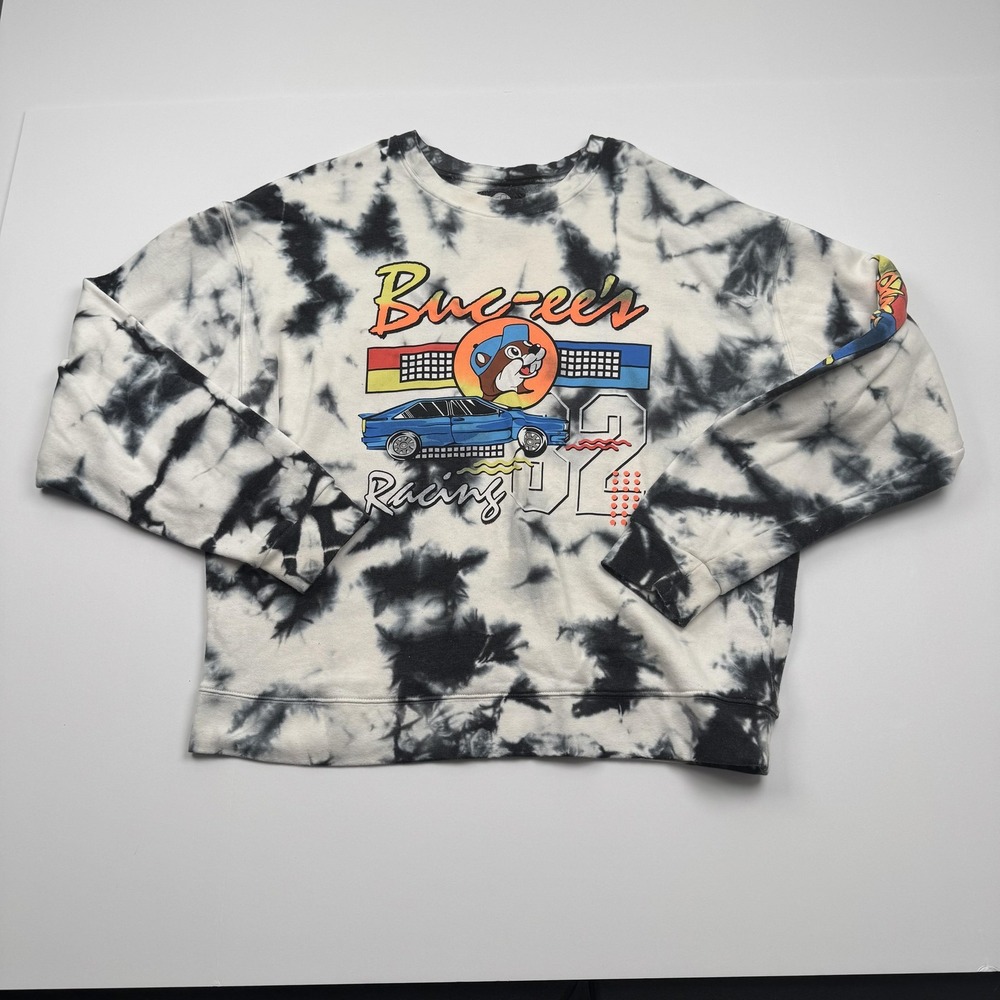 Buc-ee's Racing Car Graphic Tie Dye Pullover Sweatshirt Mens Large Black White
